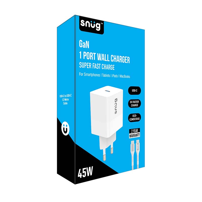 Snug 1 Port 45W PD Home Charger With Type C Cable - White - White