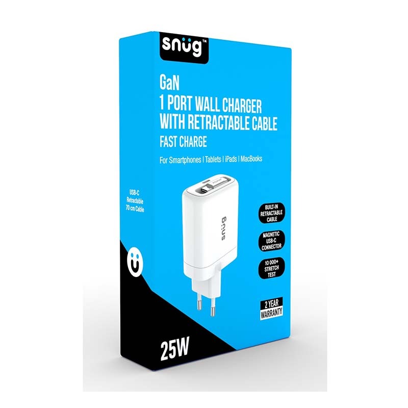 Snug 1 Port PD Charger With Retractable Cable 25W - White - White