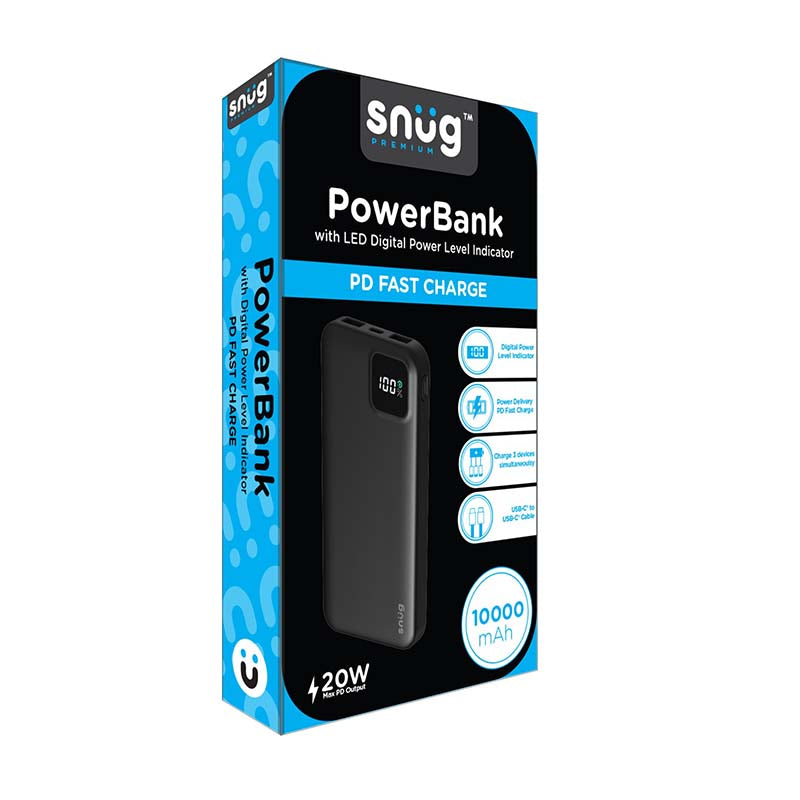 Snug 10000mAh Square Digital PD Powerbank - Black - Black