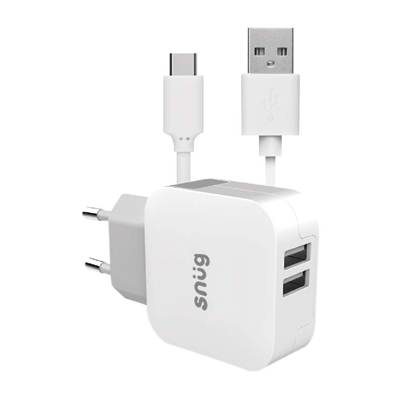Snug 2 Port USB Home Charger With Type C Cable 3.4AMP - White - White