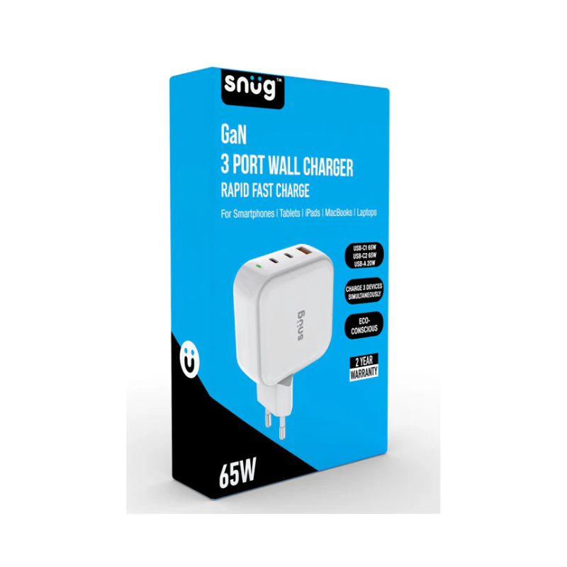 Snug 3 Port PD/USB GaN Wall Charger 65W - White - White