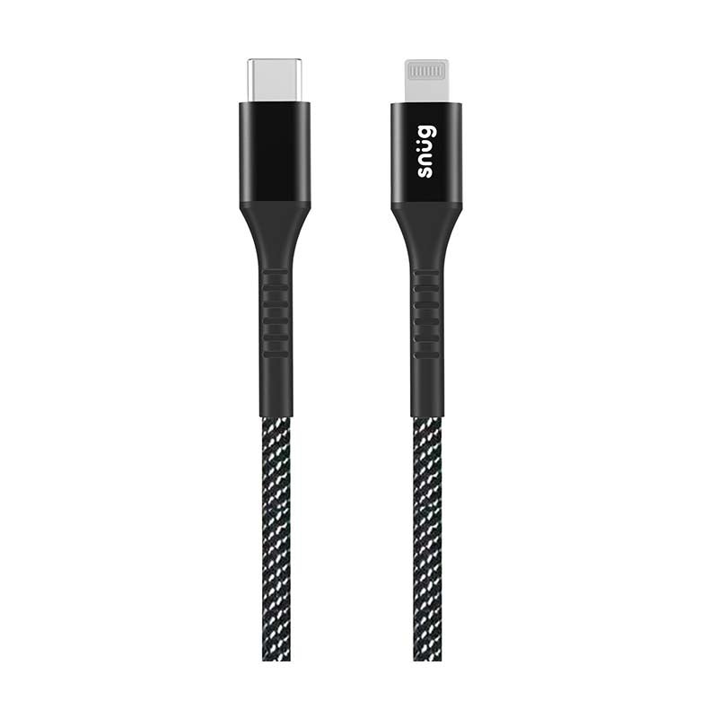Snug 60W Type C To MFI Nylon Braided Cable 1.2M - Black / Silver - Silver/Black