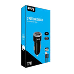 Snug Car Juice Dual USB Port Car Charger With Type-C Cable - Black - Black