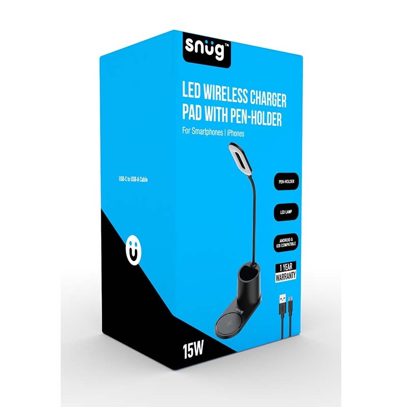 Snug LED Wireless Charger Pad With Pen Holder 15W - Black - Black