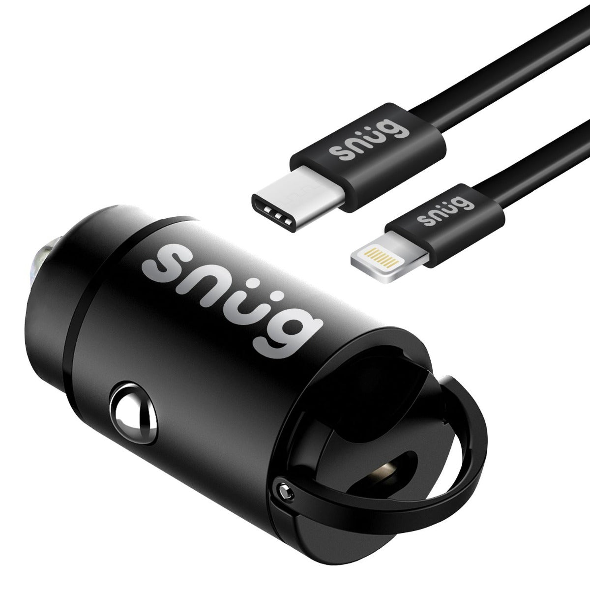 Snug Mini PD Car 30W Charger + Type C/Apple Lightning - Black - Black