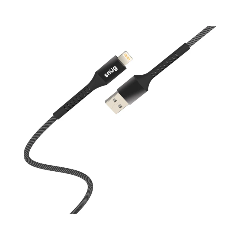 Snug USB To MFI Lightning Nylon Braid Cable 12W 1.2 Meter - Black/Silver - Black