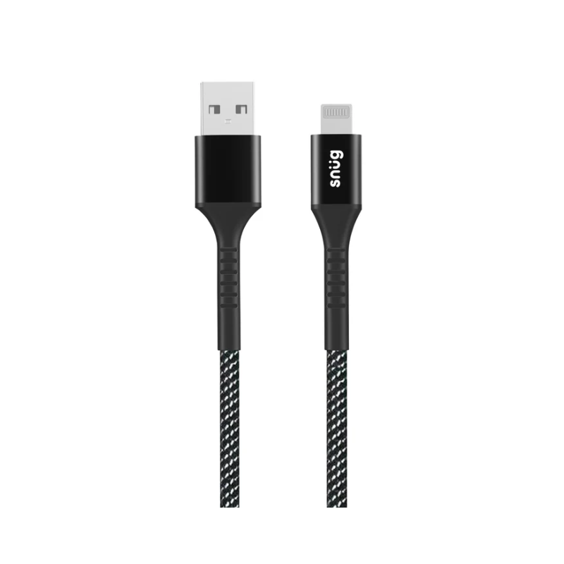 Snug USB To MFI Lightning Nylon Braid Cable 12W 1.2 Meter - Black/Silver - Black