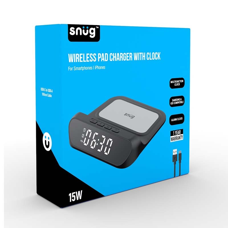 Snug Wireless Pad Charger With Clock 15W - Black - Black