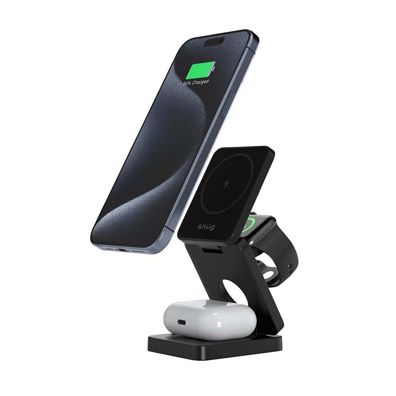Snug 3-In-1 Magnetic Wireless Travel Charger 15W - Black