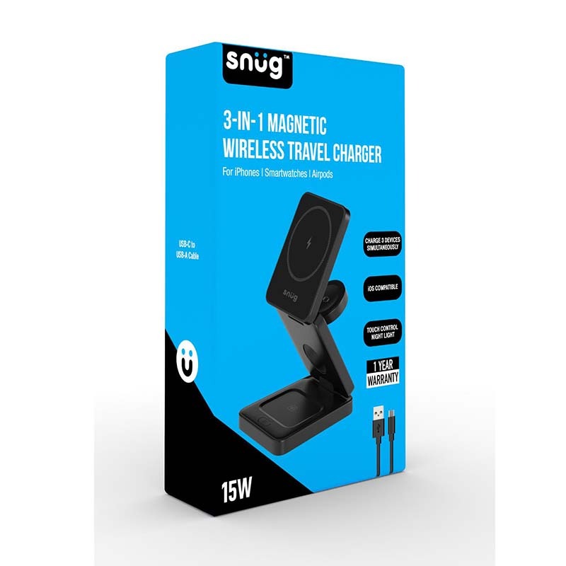 Snug 3-In-1 Magnetic Wireless Travel Charger 15W - Black
