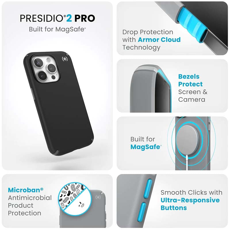 Speck Presidio2 Pro Magsafe iPhone 15 Pro Case - Black / Grey - Black/Grey