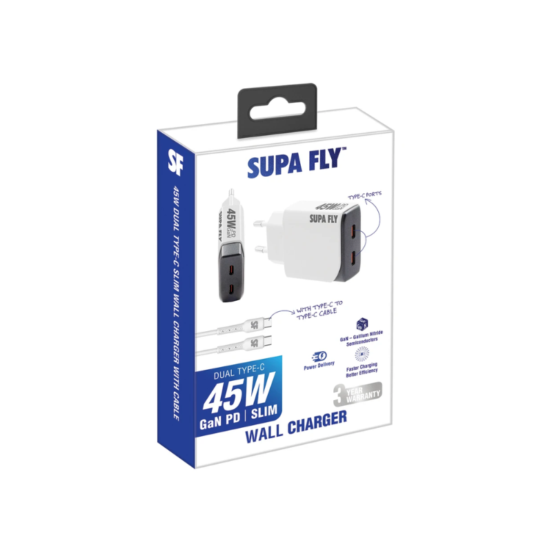 Supa Fly 45W Slim Dual C Wall Charger with C-C Cable - White & Grey - White