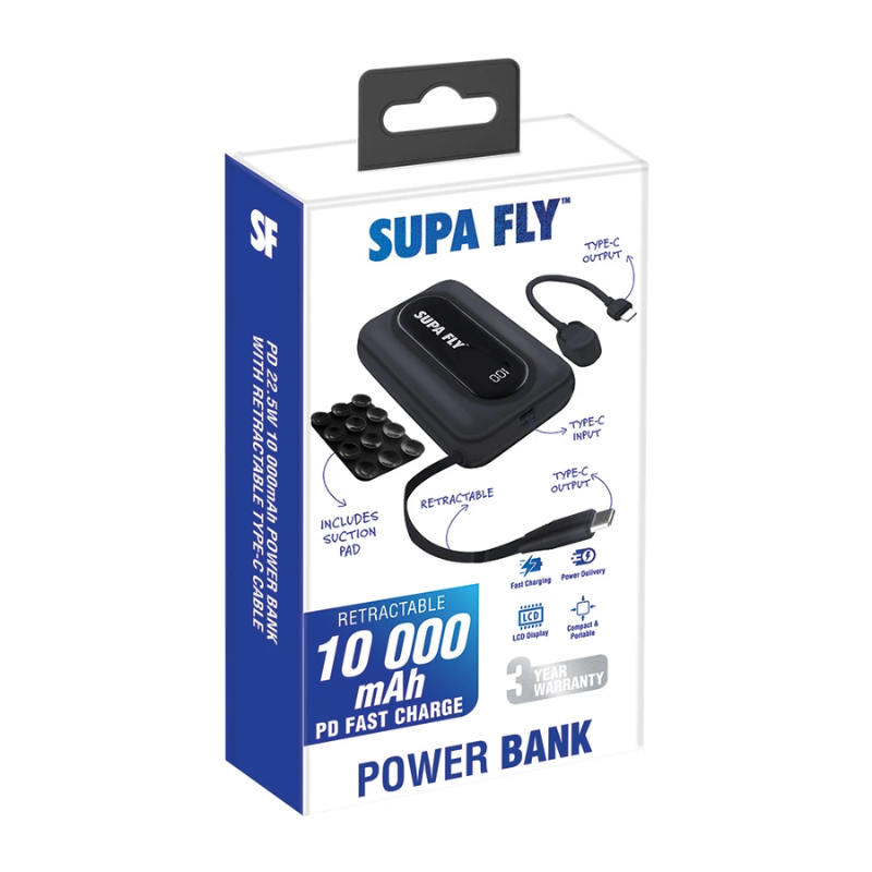 Supa Fly Power Bank 10000mAh PD Retractable Type-C Cable - Black - Black