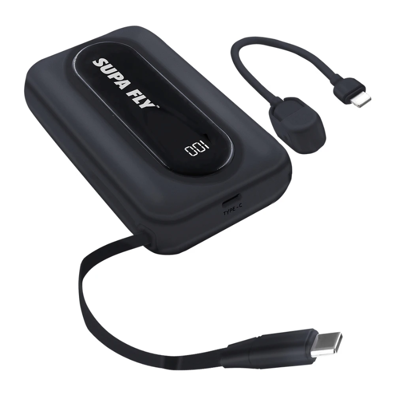 Supa Fly Power Bank 10000mAh PD Retractable Type-C Cable - Black - Black