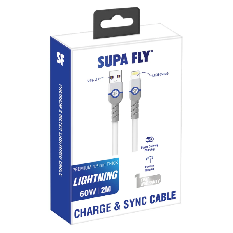Supa Fly USB A To Lightning Charge And Sync 2m Cable - White - White