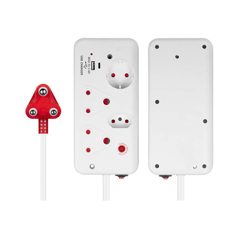 Switched 4-Way Medium Surge Protected 0.5m - White - White