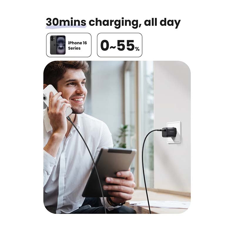 UGREEN 1 Port 30W PD Wall Charger With Cable - Black - Black