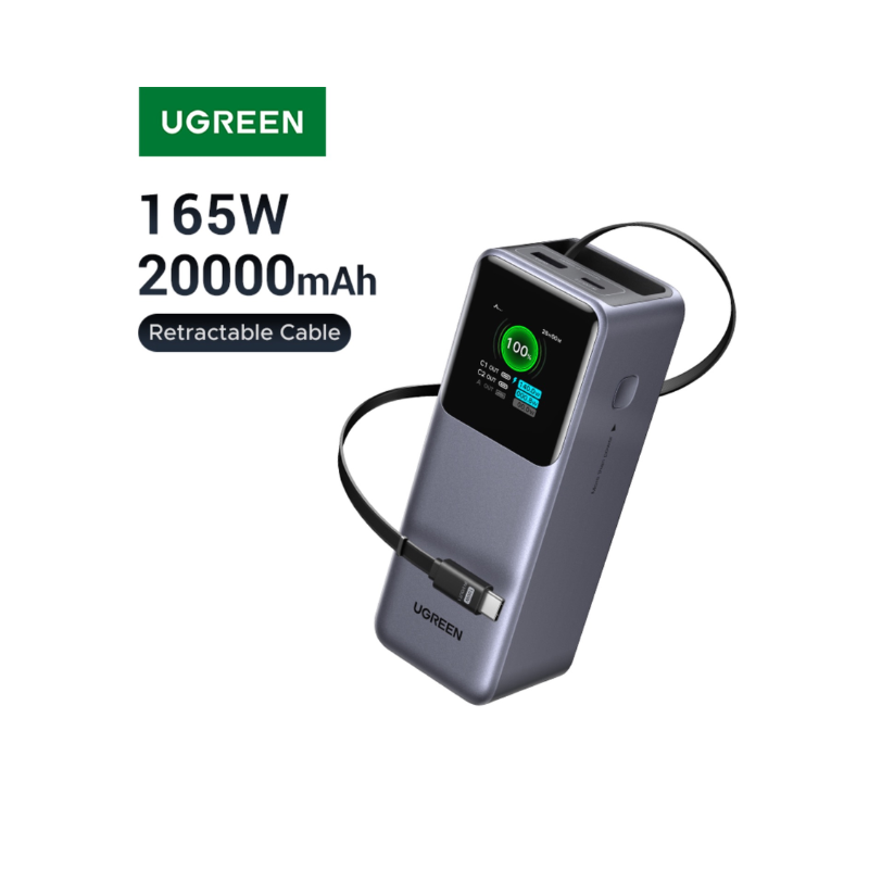 UGREEN 20000mAh Power Bank With Retractable Cable 165W – Grey - Grey
