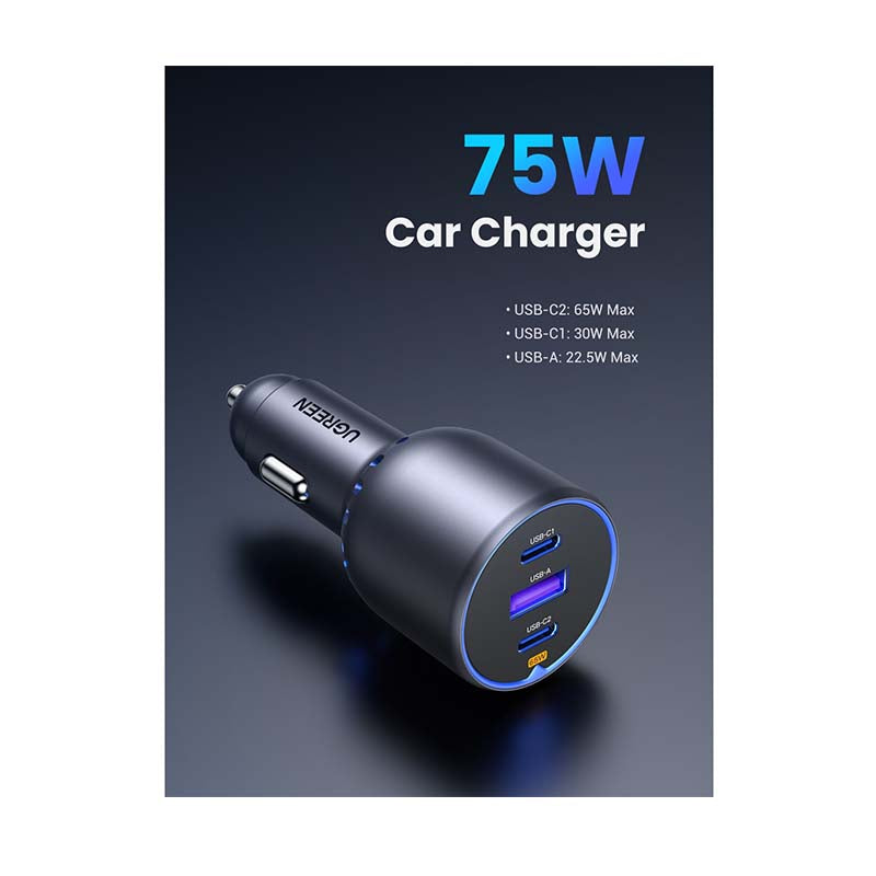 UGreen Trio PD Car Charger 75W - Space Grey - Space Grey