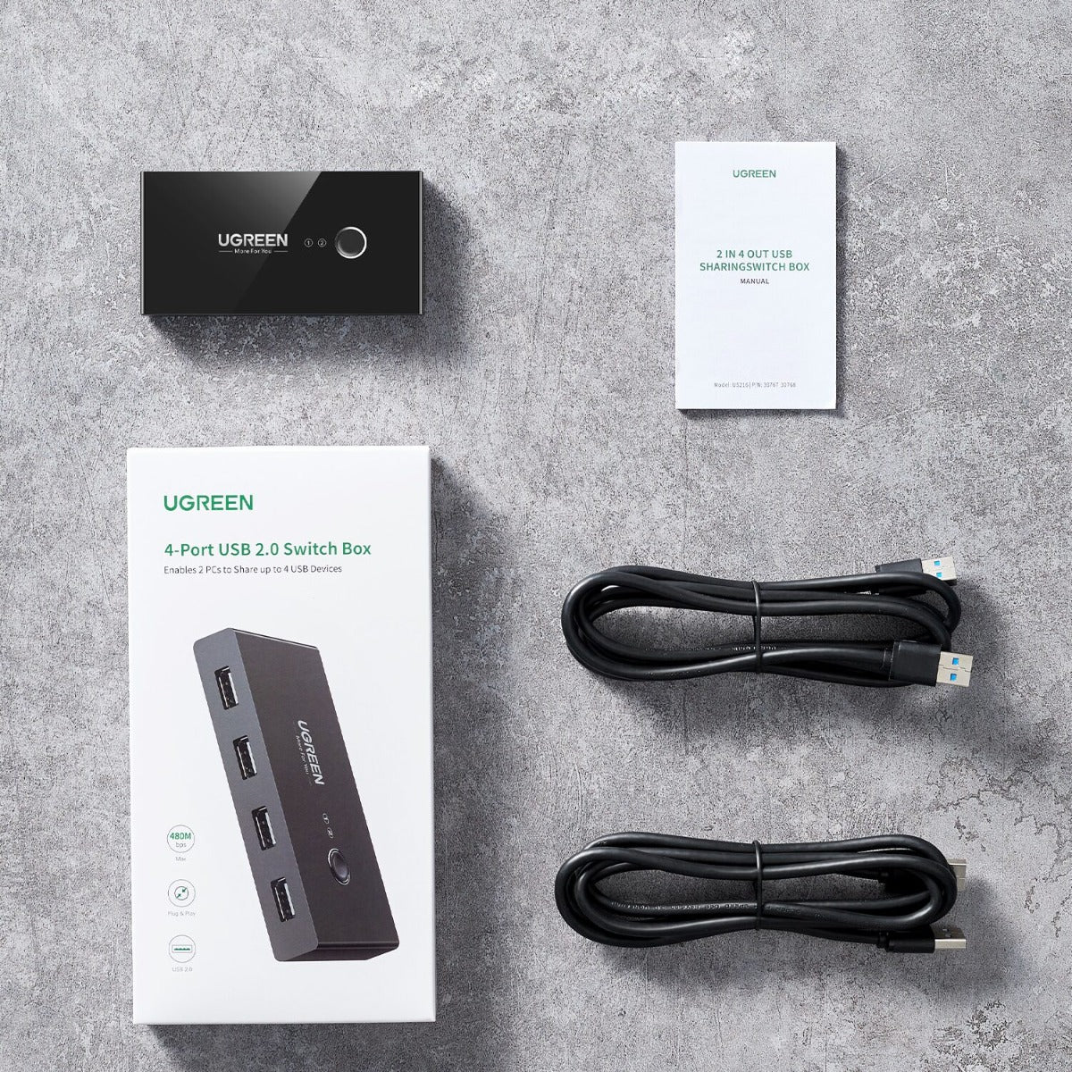 UGREEN USB 3.0 4-Port Switch Box & 1.5M USB Cables - Black