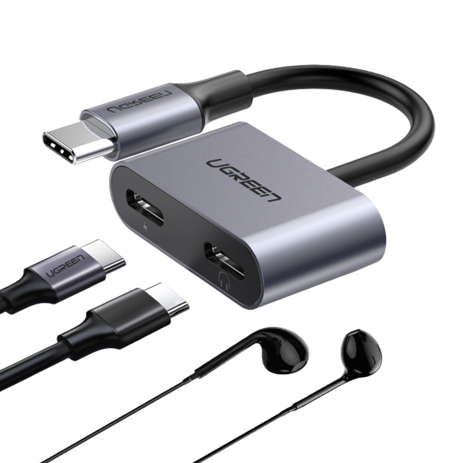 UGREEN USB Type-C Dual Audio and Charging Adapter (15W PD 2-in-1 Splitter) - Grey