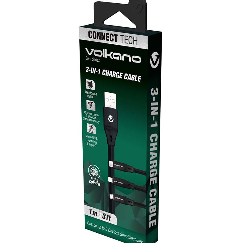Volkano Slim Series Flat PVC 3 in 1 (Type-C / Lightning / Micro) Cable 1m - Black