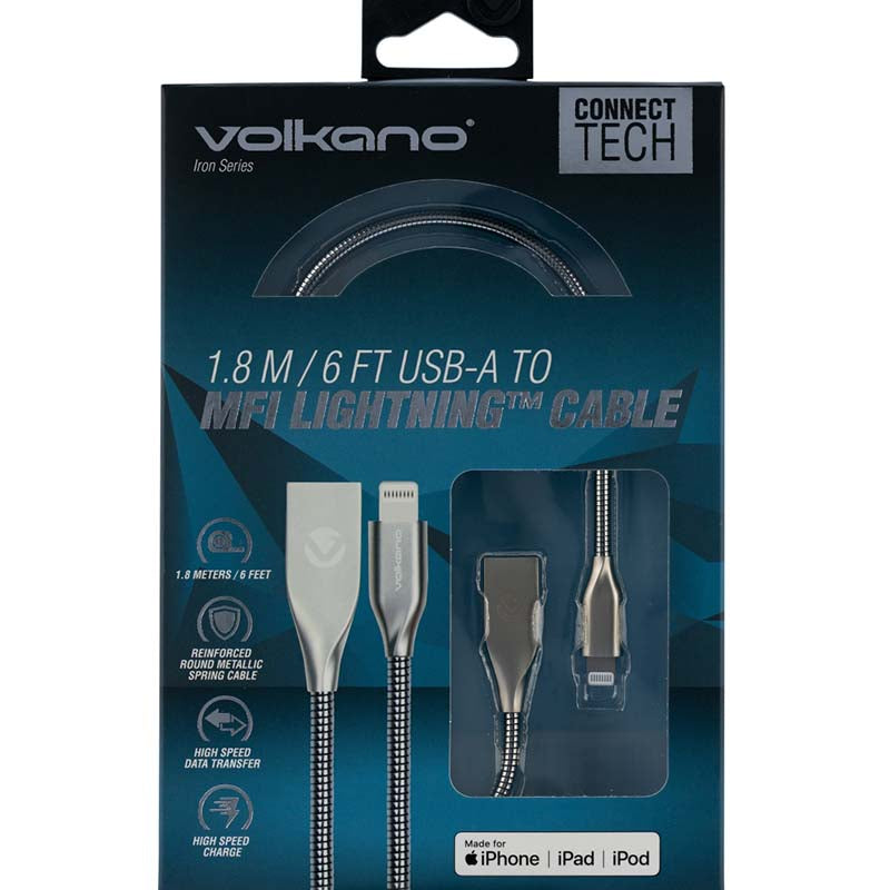 Volkano Iron Series Round Metallic Spring MFI Lightning Cable 6ft - Silver