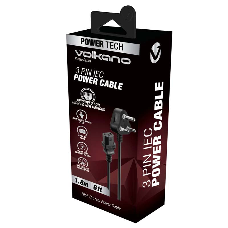Volkano Presto Series Power Cable 3 pin IEC to Type-M 10A - Black