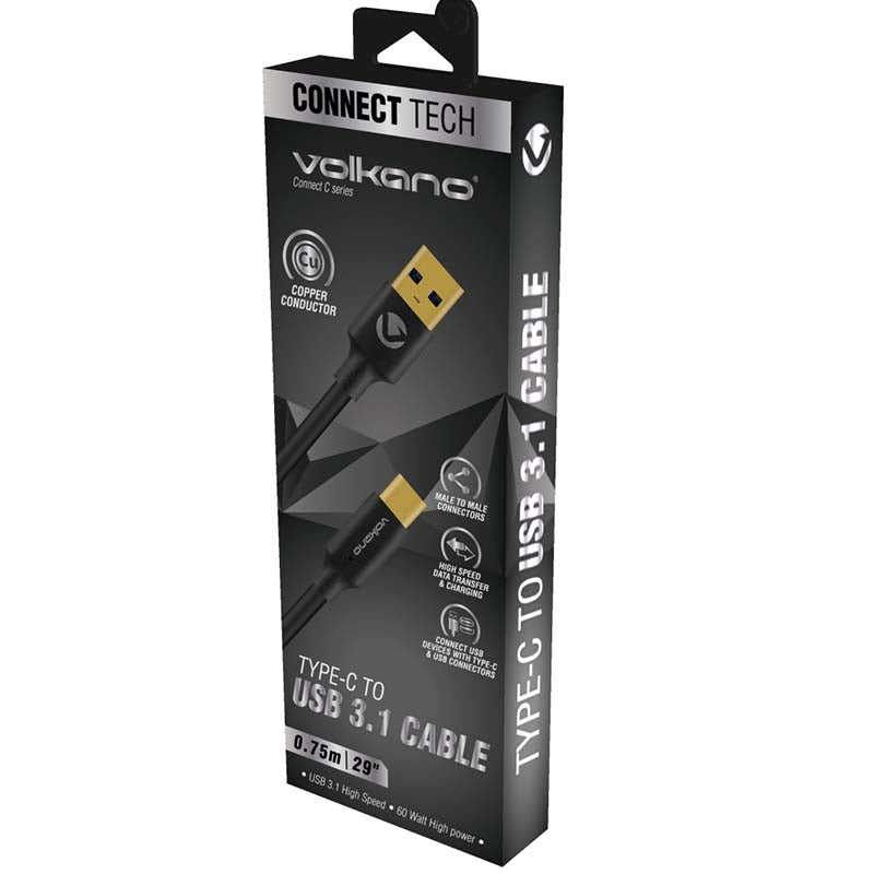 Volkano Connect C Series Type C to USB 3.1 Cable M/M 0.75m - Black