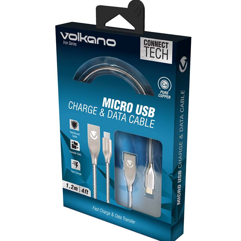 Volkano Iron Series Round Metallic Spring Micro USB Cable 1.2m - Silver