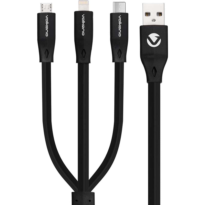 Volkano Slim Series Flat PVC 3 in 1 (Type-C / Lightning / Micro) Cable 1m - Black