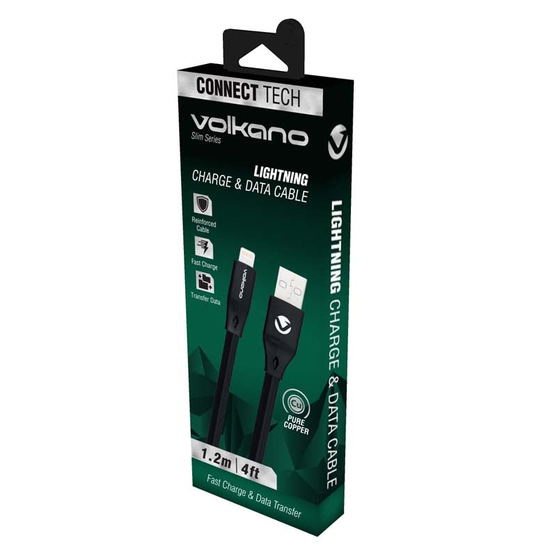 Volkano Slim Series Flat PVC Lightning Cable - Black