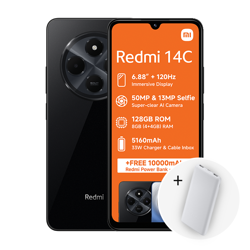 Xiaomi Redmi 14C 4G Dual Sim 128GB - Black + Xiaomi Power Bank 10000mAh 22.5W - Blue