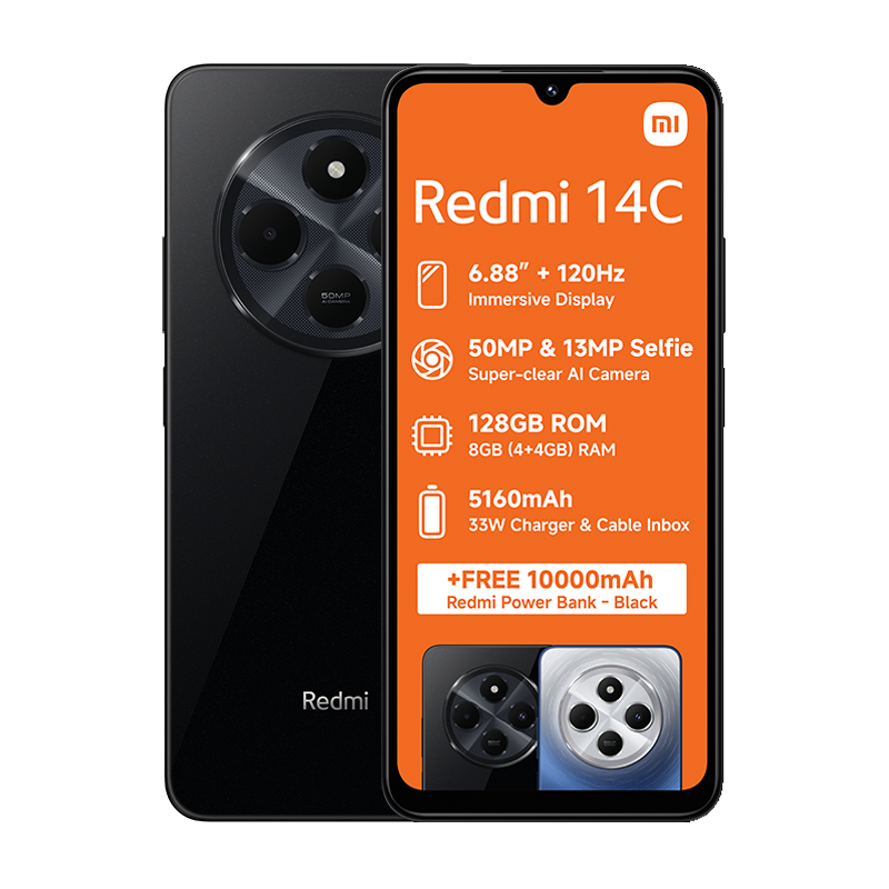 Xiaomi Redmi 14C 4G Dual Sim 128GB - Black + Xiaomi Power Bank 10000mAh 22.5W - Blue