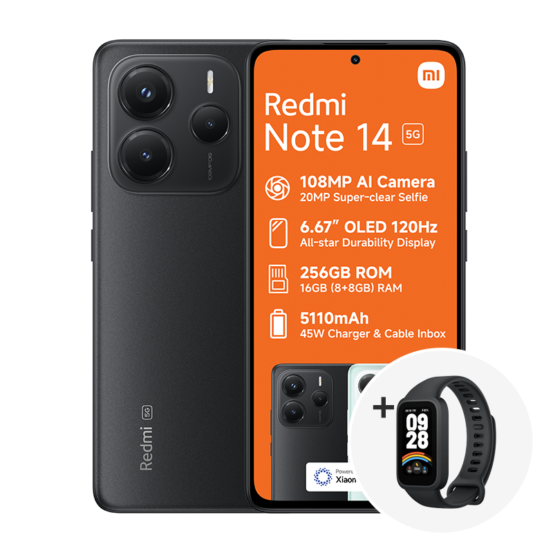 Xiaomi Redmi Note 14 5G Dual Sim 256GB - Black + Smart Band 9 Active - Black