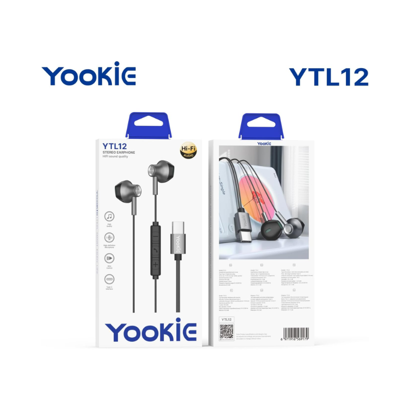 Yookie YTL-12 Wired Earphones Type-C - Black & Metal - Black